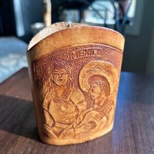 Vintage hand tooled leather flask cover Mexico